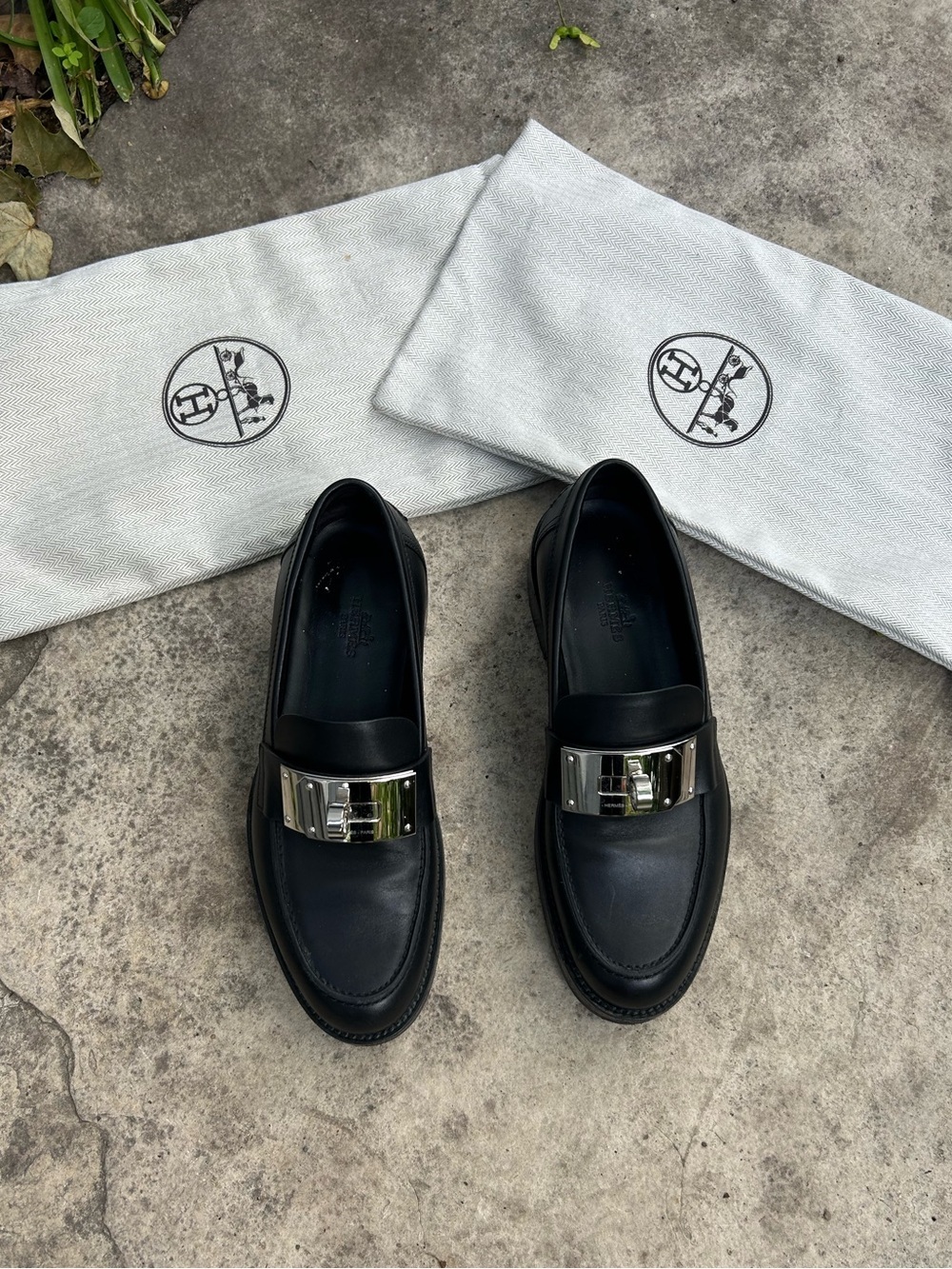 Hermes Black Hot Loafer with Palladium Kelly Buckle, size 6